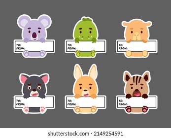 Sticky labels set of koala, kangaroo, crocodile, hyena, Tasmanian devil, camel. Cute animal tags for notepad, memo pad, flag marker for office school, scrapbooking, baby shower, invitation, decor.