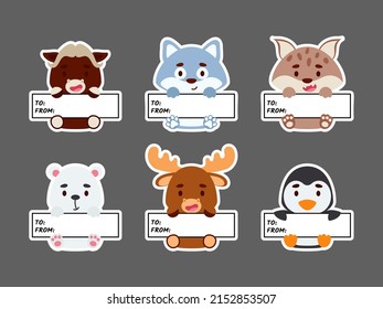 Sticky labels set of musk ox, lynx, moose, polar bear, wolf, penguin. Cute cartoon animal tags for notepad, memo pad, flag marker for office school, scrapbooking, baby shower, invitation, decor.