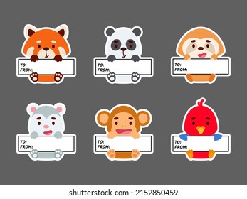 Sticky labels set of panda, sloth, red panda, opossum, monkey, parrot. Cute cartoon animal tags for notepad, memo pad, flag marker for office school, scrapbooking, baby shower, invitation, decor.