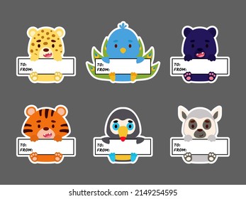 Sticky labels set of panther, cheetah, tiger, peacock, lemur, toucan. Cute cartoon animal tags for notepad, memo pad, flag marker for office school, scrapbooking, baby shower, invitation, decor.