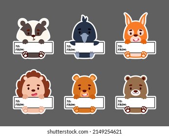 Sticky labels set of squirrel, badger, hedgehog, otter; beaver, raven. Cute cartoon animal tags for notepad, memo pad, flag marker for office school, scrapbooking, baby shower, invitation, decor.