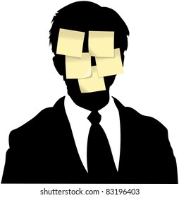 Sticky memo notes as a copy space background face of silhouette business man