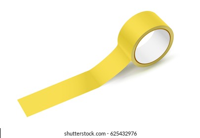 Sticky Narrow Packing And Insulating Tape. Office Tool And Stuff. Vector Illustration Of Yellow Adhesive Tape Roll For Work And Repair