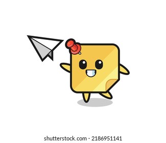 sticky note cartoon character throwing paper airplane , cute style design for t shirt, sticker, logo element