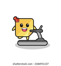 personaje de dibujos animados con notas pegajosas caminando sobre la cinta de correr, diseño de estilo lindo para camisetas, pegatinas, elemento logo