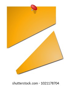 A sticky note cut in half with a pin in it isolated on a white background