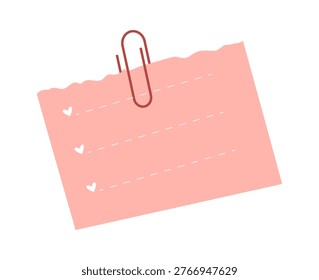 Sticky note with dashed bullet list and a paperclip clipped on top, rough torn edge and small heart marks. Symbol of reminder, task, planning, and message. Cartoon vector illustration.