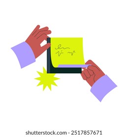 Sticky note exchange during office collaboration. Flat vector illustration symbolizing idea sharing, communication, and task management in a business environment.