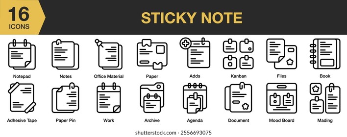 Sticky Note icon set. Includes paper, kanban, files, book, agenda, archive, mood board, and More. Outline icons vector collection.