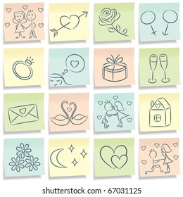 Sticky note with love pictures. Vector illustration.