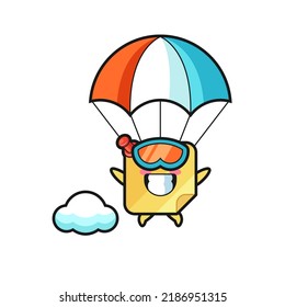 sticky note mascot cartoon is skydiving with happy gesture , cute style design for t shirt, sticker, logo element