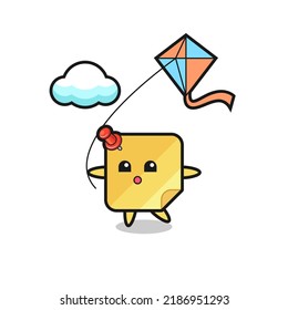 sticky note mascot illustration is playing kite , cute style design for t shirt, sticker, logo element
