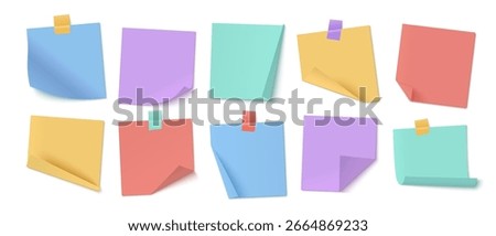 Sticky note memo collection with adhesive papers and colorful tape attachments for office use. Square sheets with curled corners for reminders or messages. Blank notepads for planning.
