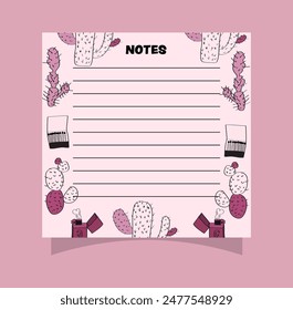 sticky note memo notepad page design with pink cacti.