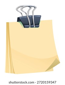 Bloc de notas adhesivo sostenido por un Clip aglutinante. Vector ilustración de dibujos animados
