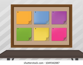 Sticky note paper memo vector reminder blank empty colorful set design on brown board information sign at office with empty desk office