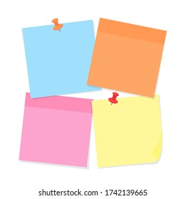 Papel de notas pegajosas y pines de varios colores aislados en fondo blanco - ilustración vectorial de papel de papel colorido con cinta adhesiva. Etiqueta de oficina con pines para notas o recordatorios importantes.