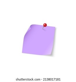 Sticky note paper realistic. Colored sticker notebook sheet and memo with pin isolated on white background. Post for office. Vector illustration