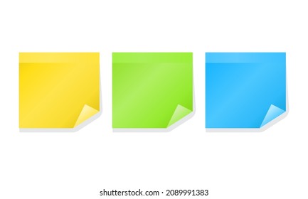 Sticky note . Paper reminder with curled corner, ready for your message. vector illustration. Isolated Yellow Green Blue post design