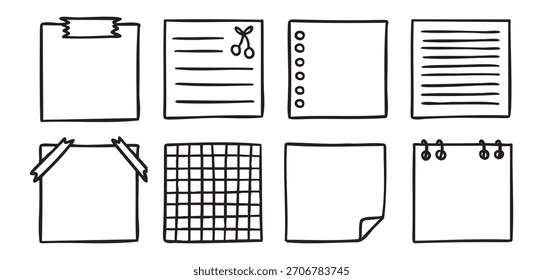 Cuadrados de papel de nota adhesiva para el planificador de la escuela, conjunto de doodle, papelería juguetona, delineado a mano Línea monocromática, estilo de contorno limpio, dibujado a mano. Ilustración vectorial.