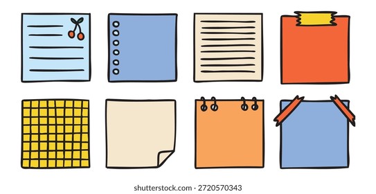 Cuadrados de papel de nota adhesiva para el planificador de la escuela, conjunto de doodle colorido, papelería juguetona, dibujado a mano. Ilustración vectorial.