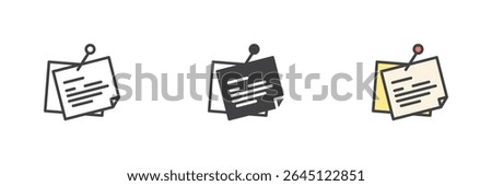 Sticky note with pin icon shown in line, solid, and colorful filled outline styles. Vector memo, reminder or message board symbol icon.