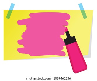 Sticky Note With Pink Highlighter Pen And Shading To Highlight Text.