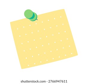Sticky note pinned with round thumbtack, dotted texture and soft shadow in clean cartoon style. Reminder, organization, memo and planning concept for office and school. Cartoon vector illustration.