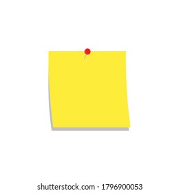 Sticky note with push pin icon. Yellow blank sticker attached with pin. Vector. Isolated.