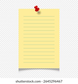 Sticky note with red pushpin isolated on transparent background, yellow paper sheet with green lines for reminders, messages, memos, school or office stationary design