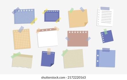 Sticky Note Set. Sammlung von Teilen von Papierstreifen für Notizen. Erinnerung, Planung und Planung. Farbige, zerrissene Notizbücher. Cartoon-FlachVektorgrafiken einzeln auf weißem Hintergrund