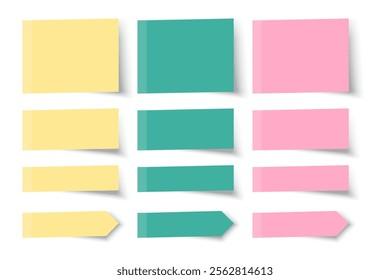 Sticky note set. Pink, yellow, green. Colorful vector paper. Rectangular shapes collection.