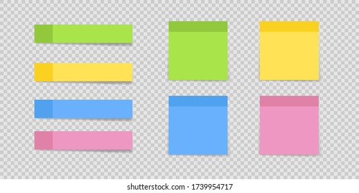 Sticky note set in realism with shadow on transparent background. Vector illustration isolated sign 