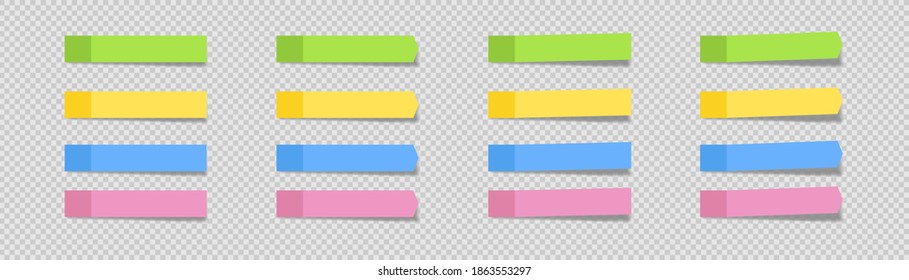 Sticky note set in realism with shadow on transparent background. Vector illustration isolated sign