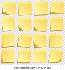 Sticky note with shadow isolated on transparent background set. Yellow paper. Message on notepaper.Reminder. Vector illustration.