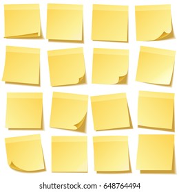 Sticky note with shadow isolated on transparent background set. Yellow paper. Message on notepaper.Reminder. Vector illustration.