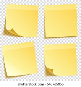 Sticky note with shadow isolated on transparent background set. Yellow paper. Message on notepaper.Reminder. Vector illustration.