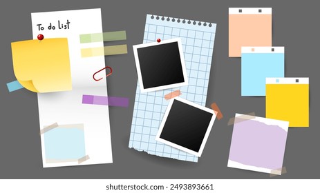 Notas adhesivas y notas adhesivas o notas de notas, notas de mensajes de papel aisladas sobre fondo gris, Vector EPS 10