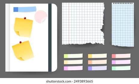 Sticky note and tape or memo notepad posts, Paper message notes  isolated on gray background, Vector EPS 10