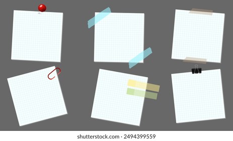 Sticky note and tape or memo notepad posts, Paper message notes  isolated on gray background, Vector EPS 10