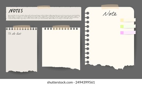 Sticky note and tape or memo notepad posts, Paper message notes  isolated on gray background, Vector EPS 10