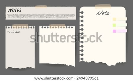 Sticky note and tape or memo notepad posts, Paper message notes  isolated on gray background, Vector EPS 10