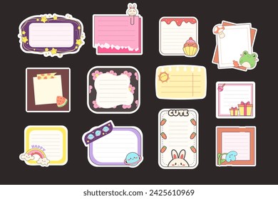 Sticky note templates with lines for labels. Memo paper, notepad, stickers, past message., Vector illustration for printing, design, scrapbooking, notebooks