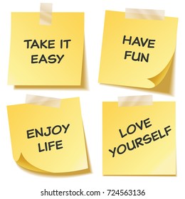 Sticky note with text and shadow isolated on transparent background set. Yellow paper. Message on notepaper.Reminder. Vector illustration