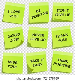 Sticky note with text and shadow isolated on transparent background set. Green paper. Message on notepaper.Reminder. Vector illustration.