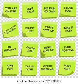 Sticky note with text and shadow isolated on transparent background set. Green paper. Message on notepaper.Reminder. Vector illustration.