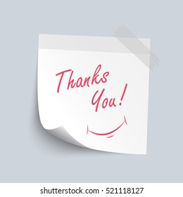 Sticky note white  paper with  thank you  red color word isolate on white background, vector illustration 