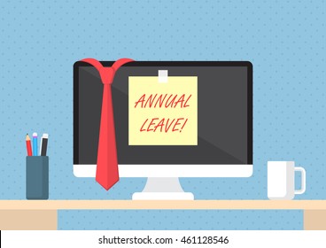 Sticky note with word annual leave on monitor, vacation and holiday concept