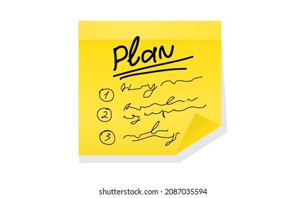 Sticky note written plan, items 1,2,3. Paper reminder with curled corner, ready for your message. vector illustration. Isolated Yellow