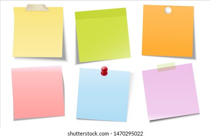 Sticky note yellow green orange pink blue purple with Pins and adhesive tape on board with shadow - Vector Illustration